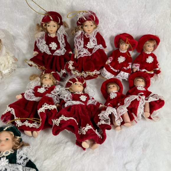 Set Of 8 Vintage Dillards Trimmings Victorian Porcelain Doll Ornaments Red - Picture 2 of 10